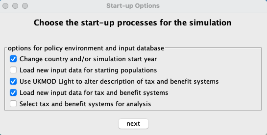 The three start-up options selected for a first training-data run